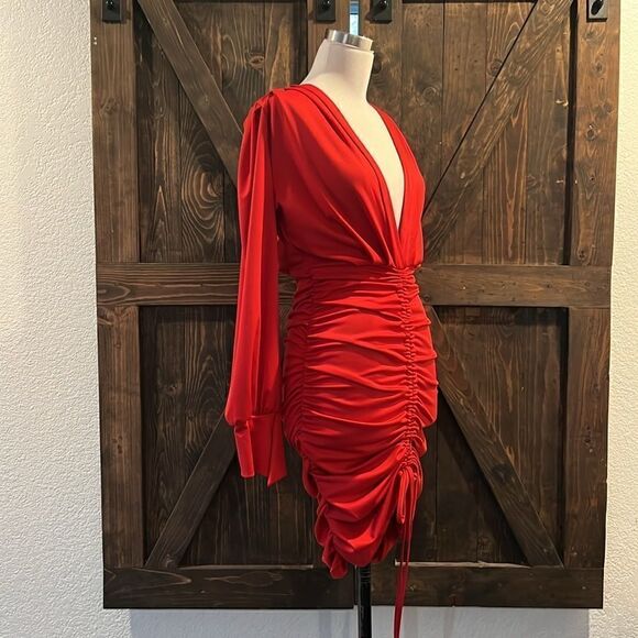 New Sexy Long Sleeve Autumn Sexy Deep V Neck Pleated Cocktail Dress SM - Picture 3 of 11